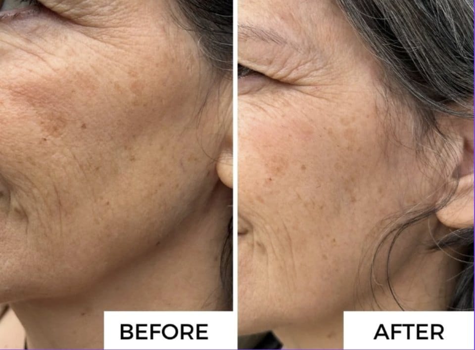 Customer before and after: dark spots on the cheek visibly faded