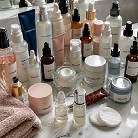 A bathroom vanity crowded with many different serum bottles