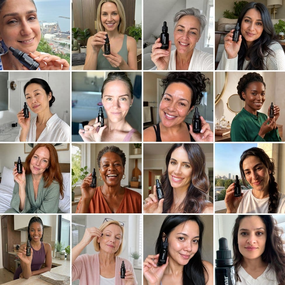 Collage of women each holding a bottle of Mimar Ultra Vit C Concentrate